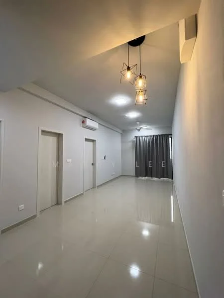 Room features: white painted walls, glossy tile flooring, recessed downlights, pendant light fixture, 1 wall-mounted split AC, floor-to-ceiling window with grey curtains, 2 doors leading to other rooms, neutral color palette; style: modern.