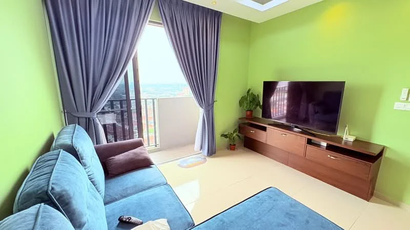 Living features: blue fabric sectional sofa, flat-screen TV on wooden console, cream tiled flooring, green painted walls, floor-to-ceiling windows, sheer curtains, potted plant, recessed ceiling lights; style: modern; view: city.