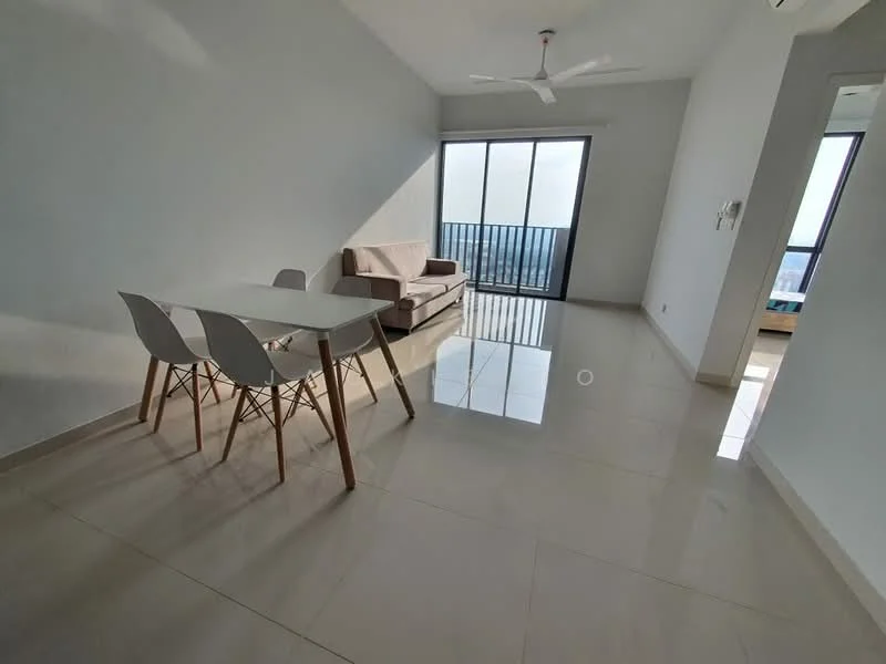 Living features: white painted walls, glossy ceramic tile flooring, 5-blade ceiling fan, sofa in beige, dining table with white surface and wooden legs, 4 white dining chairs, floor-to-ceiling windows, balcony door, natural light from windows; style: modern; view: city.