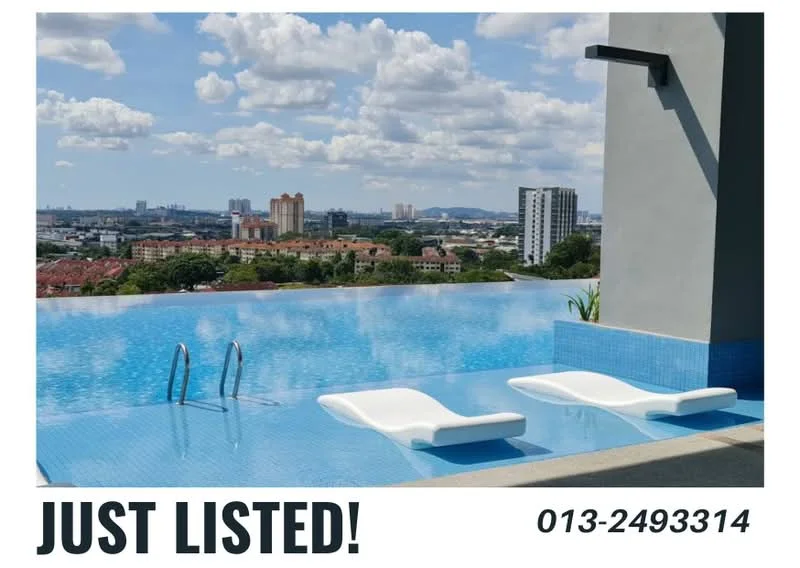 Exterior type: high-rise condominium; features: infinity pool, pool deck with loungers, city skyline view, tiled pool edge, landscaped area with plants, glass railing, sun loungers, urban backdrop; style: modern.