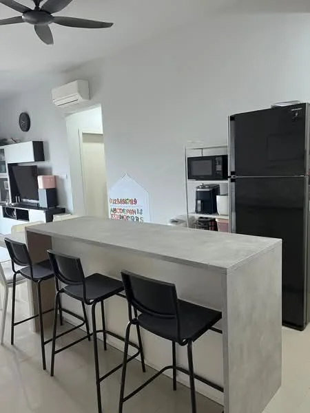 Kitchen features: concrete countertop, 4 high stools, black refrigerator, built-in microwave, white cabinetry, open shelving, wall-mounted split AC, light-colored tiled flooring, white painted walls, pendant lighting, TV unit, black cabinets, decorative wall clock; style: modern.