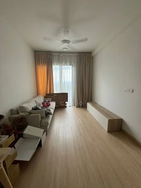 Living features: light wood laminate flooring, white painted walls, 5-blade ceiling fan, floor-to-ceiling windows, sheer curtains, sofa in light fabric, wooden TV console, decorative items on console, natural light from window, minimalist decor; style: modern; view: city.