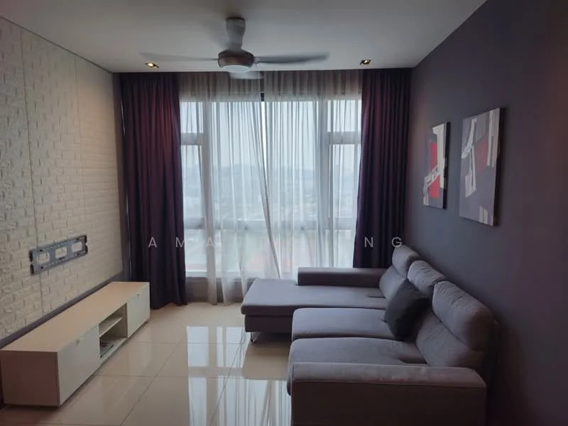 Living features: grey fabric sectional sofa, white TV console, floor-to-ceiling windows, sheer curtains, dark purple accent wall, white brick feature wall, recessed downlights, glossy tile flooring, ceiling fan; style: modern; view: city.