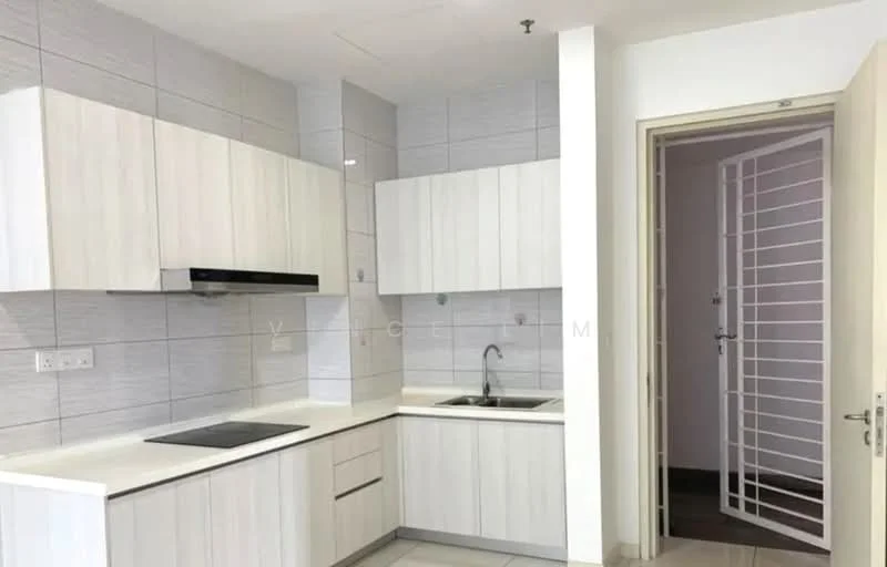 Kitchen features: white cabinetry, flat-panel cabinets, stainless-steel range hood, built-in cooktop, single-bowl stainless-steel sink, chrome pull-down faucet, grey tiled backsplash, light-colored countertop, ceramic tile flooring, recessed downlights; style: modern. Room features: white painted walls, door leading to hallway, metal security grille.