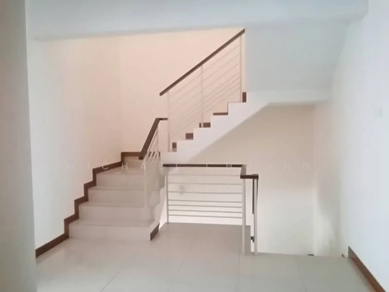 Room features: white painted walls, light-colored tiled flooring, staircase with wooden handrail, metal railing, open space, natural light from windows, neutral color scheme, two levels of stairs; style: modern.