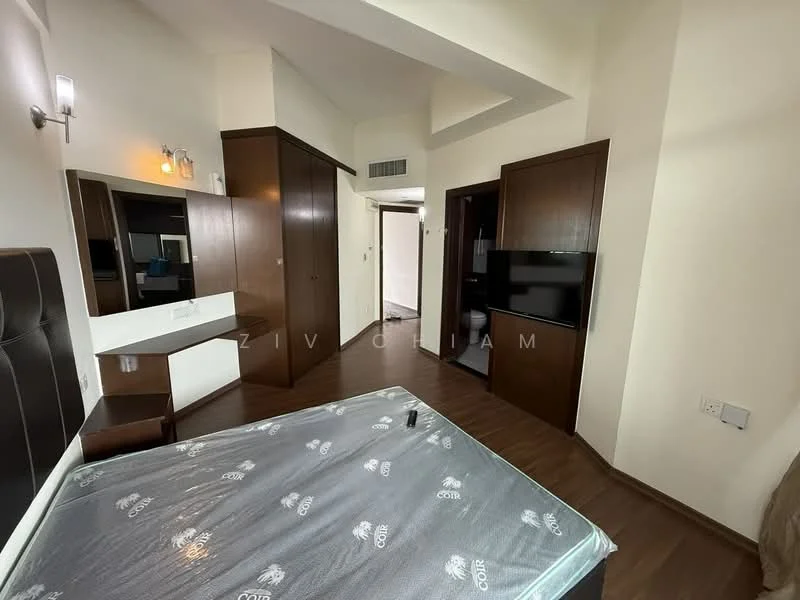 Bedroom features: wooden flooring, white painted walls, built-in wardrobe, wall-mounted TV, queen-size bed, upholstered headboard, desk with drawers, ceiling light fixture, door to hallway; style: modern.