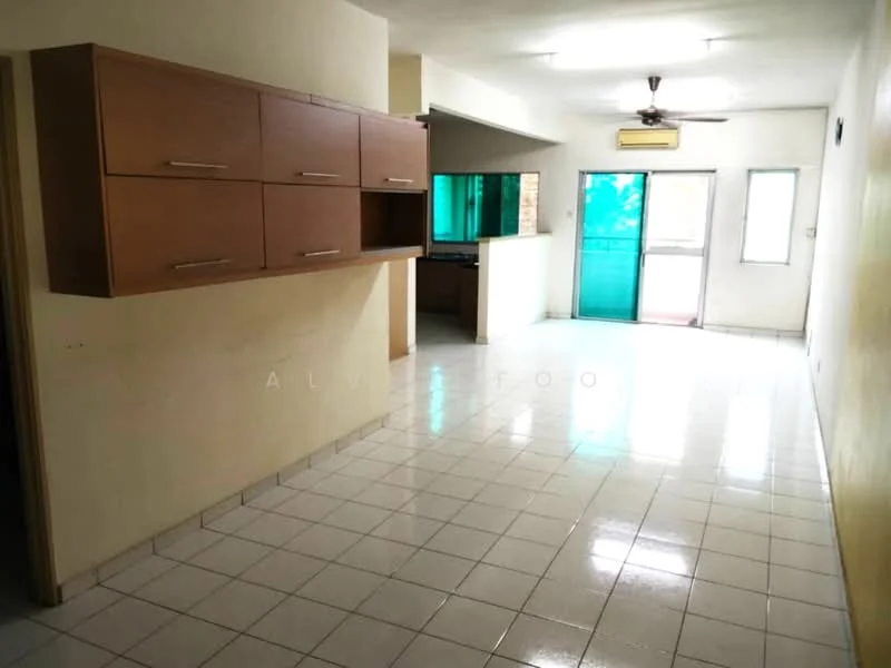 Living features: white painted walls, glossy ceramic tile flooring, ceiling fan, built-in wooden cabinets, sliding glass door, window with green view, open layout, natural light; view: garden. Kitchen features: open layout, kitchen area visible, counter space, cabinets above counter.