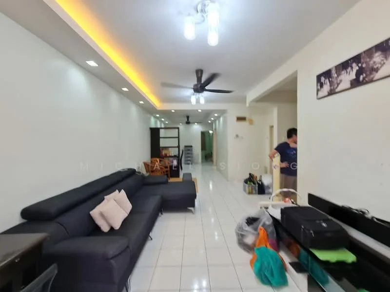 Living features: black fabric sectional sofa, white tiled flooring, recessed LED downlights, 5-blade ceiling fan, wall-mounted artwork, dining table with chairs, open layout, neutral wall color, decorative ceiling with ambient lighting; style: modern.