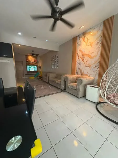 Living features: 3-seater fabric sofa in beige, 2-seater fabric sofa in beige, ceiling fan with light, marble accent wall, white tiled flooring, wall-mounted TV, decorative wall paneling, hanging rattan chair, coffee table, decorative artwork, recessed lighting; style: modern.