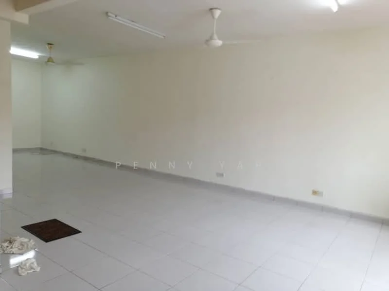 Room features: white painted walls, white ceiling, recessed lighting, 2 ceiling fans, white tiled flooring, open space, no visible furniture, no visible decor; style: minimalist.