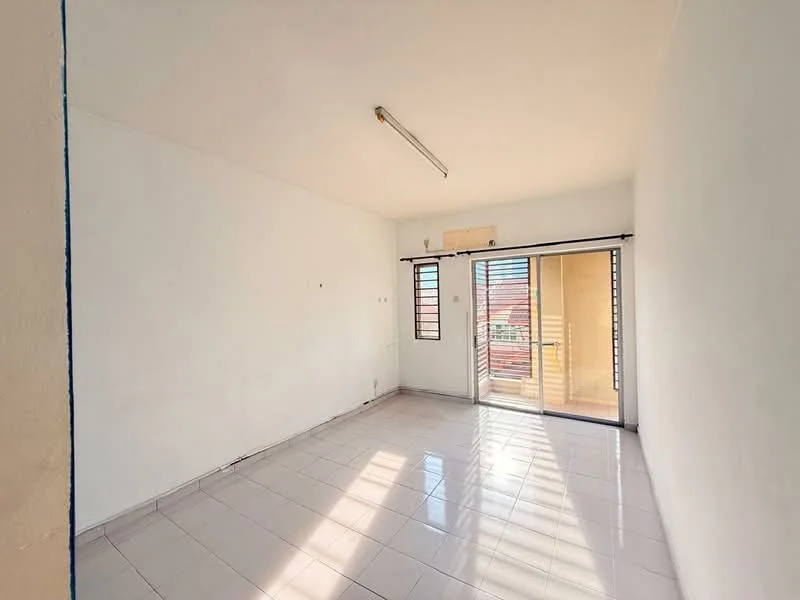 Room features: white painted walls, tile flooring, sliding glass door, floor-to-ceiling windows, natural light from windows, ceiling light fixture, balcony access.