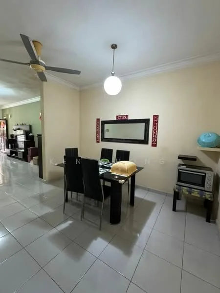 Dining features: 6-seater dining table, black dining table, upholstered dining chairs, pendant light, mirror on wall, white painted walls, glossy tile flooring, ceiling fan with light, decorative wall art, side table with microwave, decorative object on side table; style: modern.