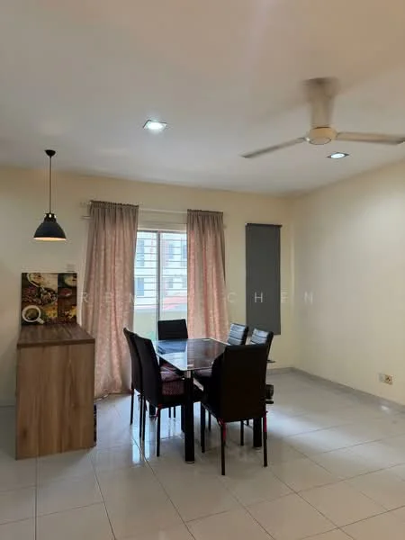 Dining features: dining table with 6 chairs, ceiling fan, pendant light, white painted walls, grey curtains, floor-to-ceiling window, tile flooring, wooden sideboard; style: modern.