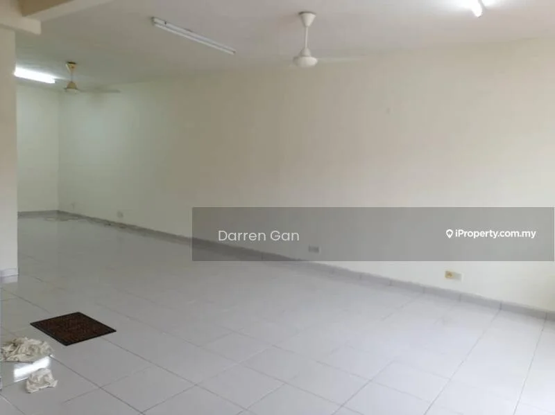Room features: white painted walls, glossy white tile flooring, ceiling lights, 2 ceiling fans, no visible furniture, empty space, no visible windows or doors, neutral color scheme; style: minimalist.