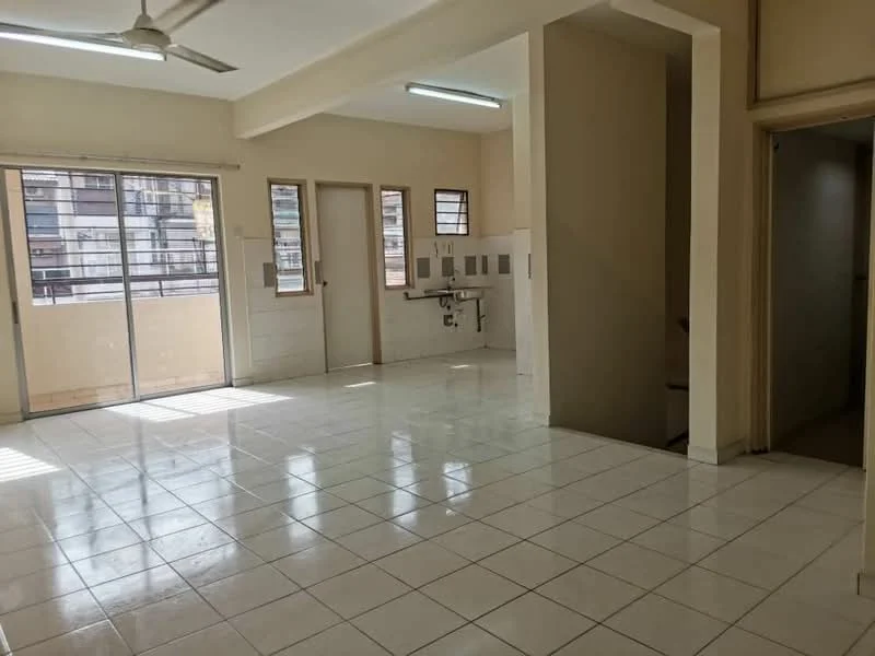 Room features: white painted walls, glossy white tile flooring, ceiling fan, large sliding glass door, window with metal grille, kitchen area with wall-mounted cabinets, open layout, staircase leading to upper level; style: modern; view: city.