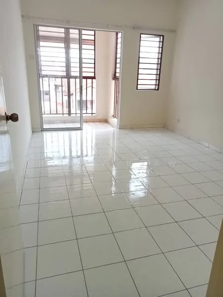Room features: white painted walls, glossy white tile flooring, sliding glass door, floor-to-ceiling windows, balcony access, natural light, neutral color scheme, no visible furniture; style: minimalist.