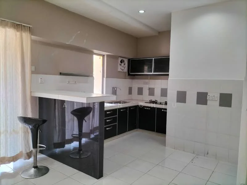 Kitchen features: black and white cabinetry, stainless-steel sink, chrome pull-down faucet, 4-burner gas hob, built-in oven, white tiled backsplash, white tiled flooring, bar counter with high stool, window with sheer curtains, recessed downlights; style: modern.