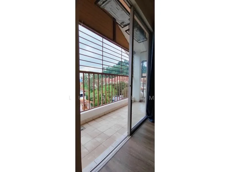 Balcony features: sliding glass door, wooden flooring, balustrade with horizontal slats, tiled flooring, outdoor view, overhead air conditioning unit; view: garden.