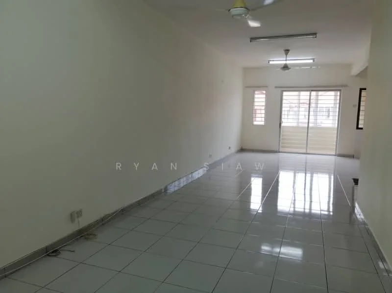 Living features: white painted walls, glossy ceramic tile flooring, 2 ceiling fans, large windows with horizontal slats, natural light from windows, neutral color scheme, open layout, no visible furniture; style: modern.
