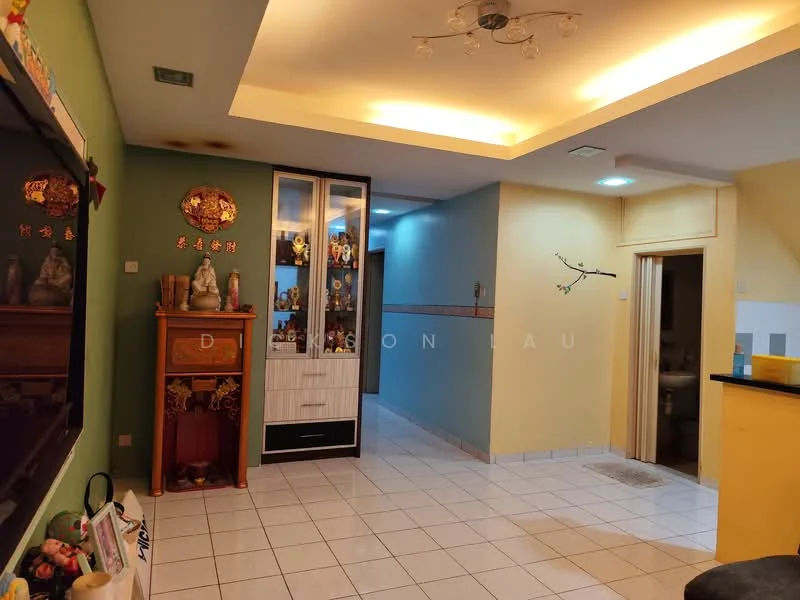 Living features: white tiled flooring, green painted wall, cream painted wall, recessed ceiling lights, ceiling light fixture, built-in display cabinet, wooden cabinet, decorative wall art, open layout to hallway, wall-mounted TV, doorway leading to other rooms; style: modern.