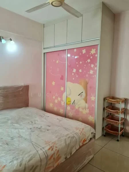 Bedroom features: queen-size bed with floral bedding, built-in wardrobe with sliding doors featuring a cartoon design, ceiling fan, wall-mounted lights, cream tiled flooring, decorative wall with pink paint, wooden storage rack, curtains; style: modern.