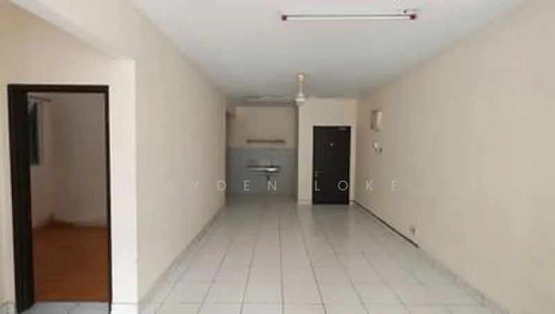 Room features: white painted walls, ceramic tile flooring, ceiling fan, wall-mounted air conditioning unit, kitchenette area with sink, single door, window with no treatment, light fixture on ceiling.