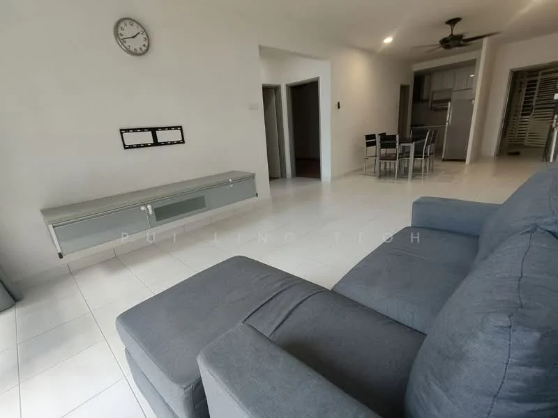 Living features: grey fabric sofa, wall-mounted TV console, white painted walls, white tiled flooring, ceiling fan, clock on wall, dining table with chairs visible in background, open layout; style: modern.