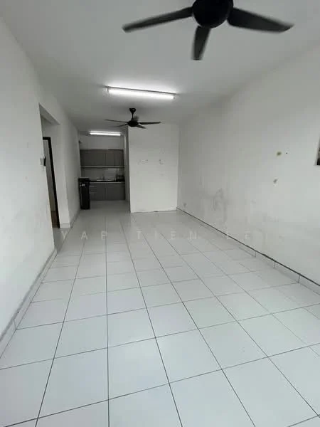 Living features: white painted walls, white tiled flooring, 2 ceiling fans, open layout, no visible furniture, natural light from windows, neutral color scheme, spacious area; style: minimalist. Kitchen features: kitchen cabinetry, countertop, sink, stainless-steel appliances, open to living area.