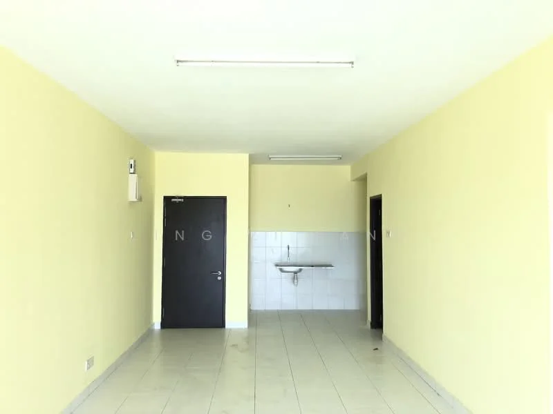 Room features: light yellow painted walls, white tiled flooring, two black doors, wall-mounted air conditioning unit, sink mounted on wall, fluorescent ceiling lights.