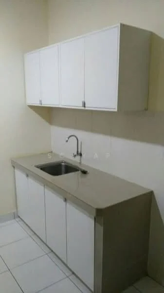 Kitchen features: white shaker cabinets, stainless-steel sink, chrome pull-down faucet, grey countertop, white tiled backsplash, white tiled flooring, under-cabinet lighting, wall-mounted cabinets; style: modern.
