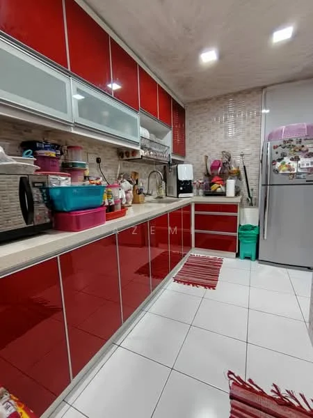 Kitchen features: red glossy cabinetry, white countertop, stainless-steel sink, chrome pull-down faucet, built-in oven, freestanding fridge, ceramic tile flooring, recessed ceiling lights, backsplash with textured tiles, open shelving, kitchen rug, various kitchen appliances, multiple storage containers; style: modern.