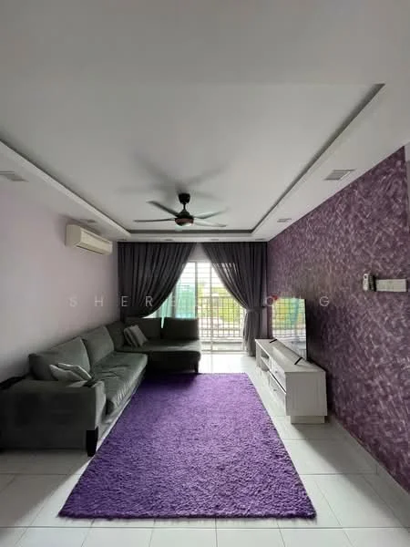 Living features: grey fabric sofa, purple area rug, white TV console, wall-mounted TV, ceiling fan with light, white painted walls, purple accent wall, floor-to-ceiling windows with sheer curtains, air conditioning unit, recessed ceiling lights; style: modern; view: garden.