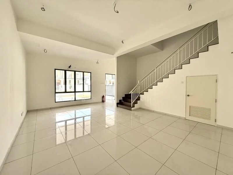 Living features: white painted walls, glossy white tile flooring, floor-to-ceiling windows, staircase with metal railing, recessed downlights, fire extinguisher, door leading to another room, open layout; style: modern.