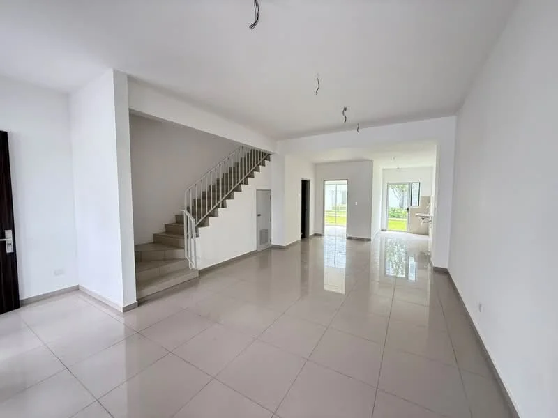 Living features: white painted walls, glossy ceramic tile flooring, staircase with metal railing, large windows allowing natural light, open layout, neutral color scheme, recessed ceiling lights, door leading to outdoor area; style: modern; view: garden.
