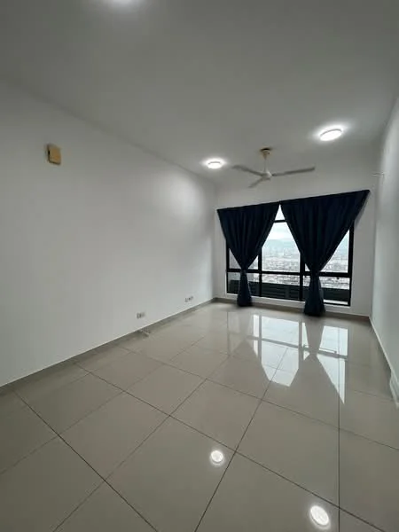 Living features: white painted walls, glossy ceramic tile flooring, ceiling fan, floor-to-ceiling windows, blue curtains, natural light, neutral color scheme, city view; style: modern; view: city.