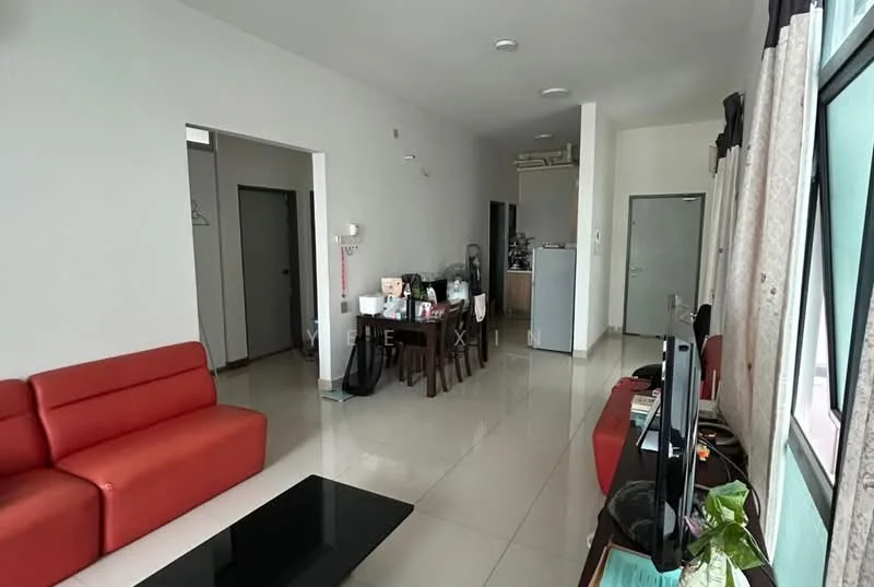 Living features: red leather sofa, black coffee table, wall-mounted TV, TV console, tile flooring, white painted walls, large windows with sheer curtains, recessed ceiling lights, dining table with four chairs, open layout to kitchen, decorative plants; style: modern. Room features: doorway to kitchen, doorway to hallway, light fixtures.