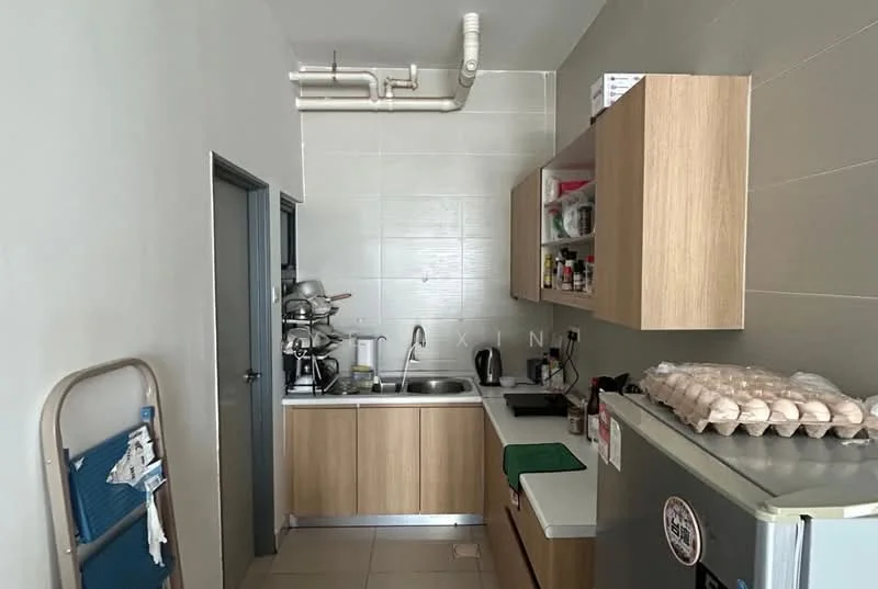 Kitchen features: single-bowl stainless-steel sink, chrome pull-down faucet, laminate countertop, wood cabinetry, built-in stove, refrigerator, tile backsplash, ceramic tile flooring, exposed pipes, wall-mounted shelving, egg carton on countertop, kitchen utensils visible; style: modern.