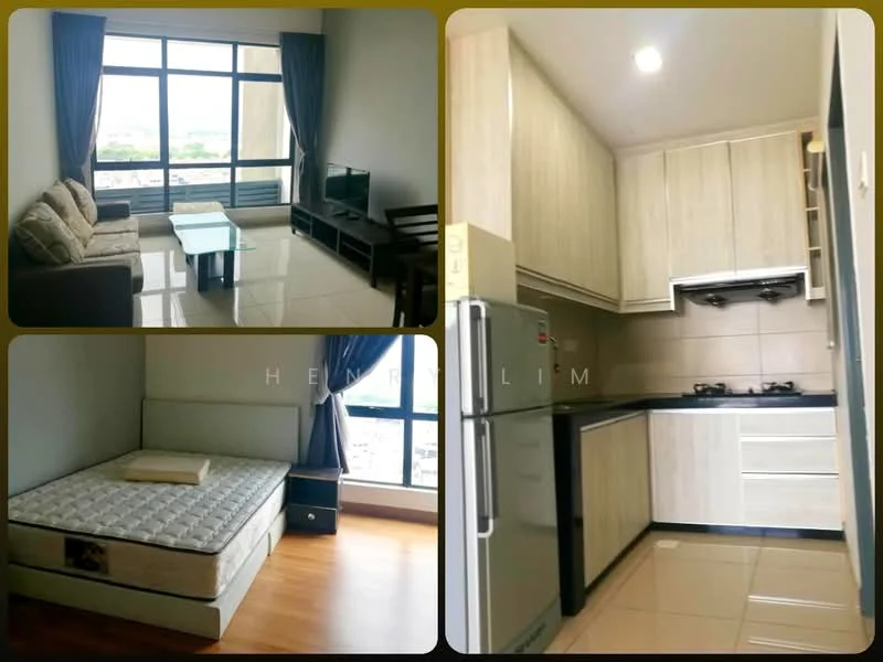 Living features: 3-seater fabric sofa in beige, glass coffee table, TV console, wall-mounted TV, floor-to-ceiling windows, curtains, laminate flooring, area rug; style: modern; view: city. Kitchen features: stainless-steel fridge, built-in oven, 4-burner gas hob, black countertop, white cabinetry, tile backsplash, ceramic tile flooring, recessed downlights; style: modern. Bedroom features: queen-size bed, mattress, nightstand, laminate flooring, window, curtains; style: modern.