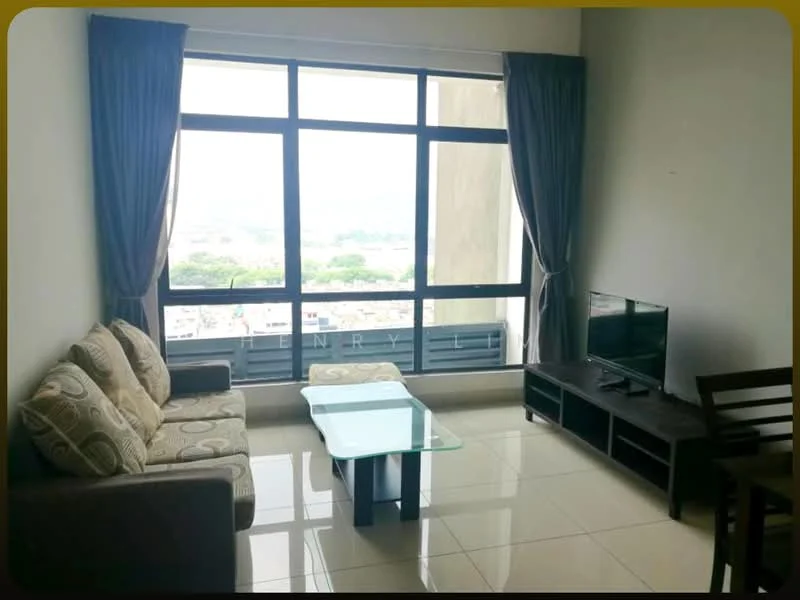 Living features: 3-seater fabric sofa with patterned cushions, coffee table with glass top, TV console, wall-mounted TV, floor-to-ceiling windows, curtains, glossy tile flooring, decorative wall; style: modern; view: city.