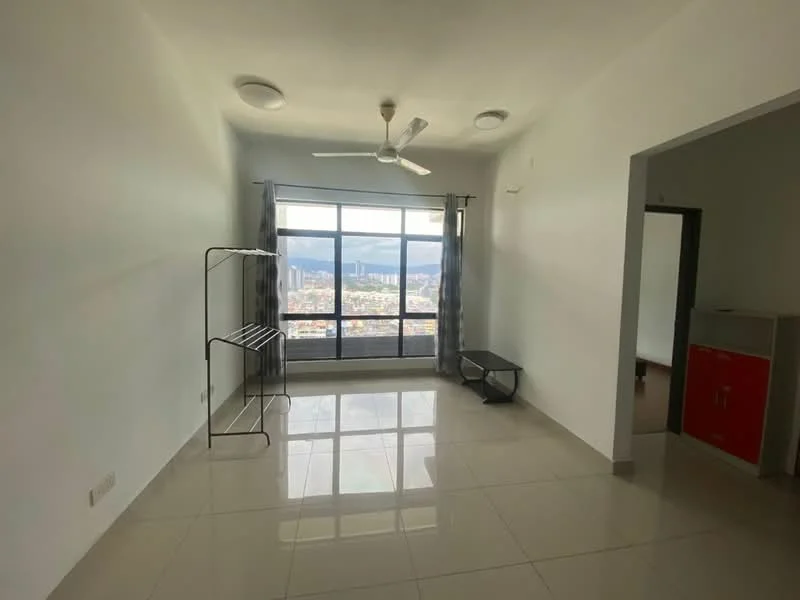 Living features: white painted walls, glossy tile flooring, 5-blade ceiling fan with light, floor-to-ceiling windows, grey sheer curtains, black metal clothing rack, black coffee table, city view; style: modern; view: city.