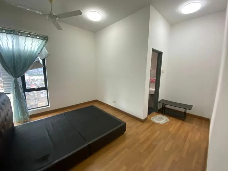 Bedroom features: wooden flooring, white painted walls, ceiling fan, floor-to-ceiling window, black upholstered bed frame, small coffee table, door leading to bathroom, curtains, recessed ceiling lights; style: modern; view: city.