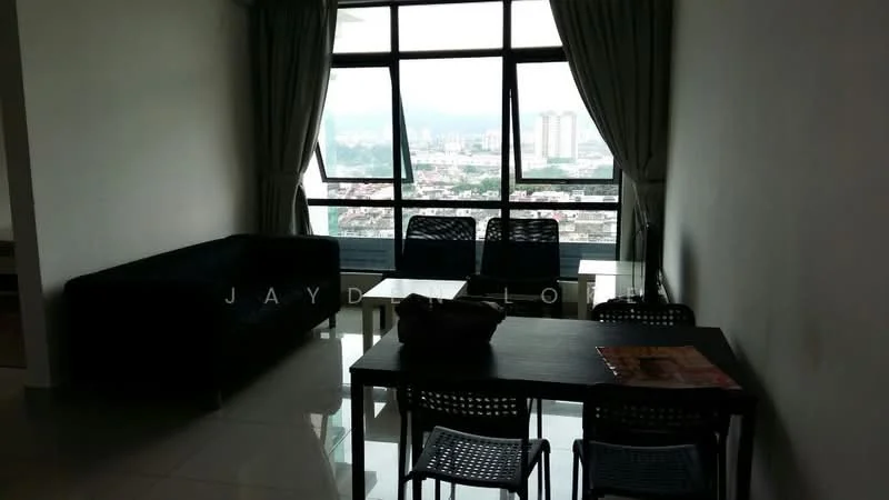 Living features: black fabric sofa, glass coffee table, 4-seater dining table, black dining chairs, floor-to-ceiling windows, curtains, city view, glossy tile flooring, neutral painted walls; style: modern; view: city.