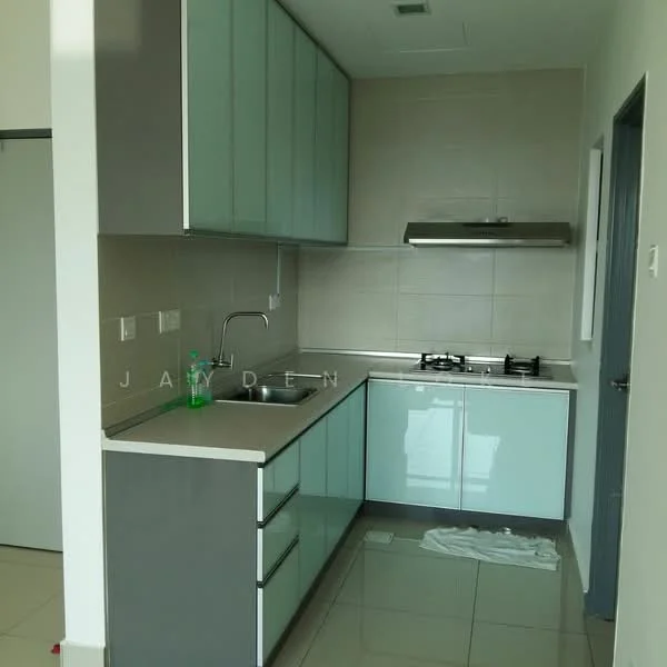 Kitchen features: light blue cabinetry, grey lower cabinets, stainless-steel sink, chrome pull-down faucet, granite countertop, built-in gas hob, stainless-steel range hood, wall-mounted cabinets, ceramic tile backsplash, white walls, tile flooring, recessed lighting; style: modern.