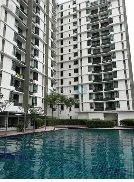 Exterior type: high-rise condominium; features: white painted facade, glass curtain wall, approximately 10-storey high-rise, infinity pool, pool deck with loungers, landscaped garden with shrubs, manicured lawn, surrounded by mature greenery; style: modern.