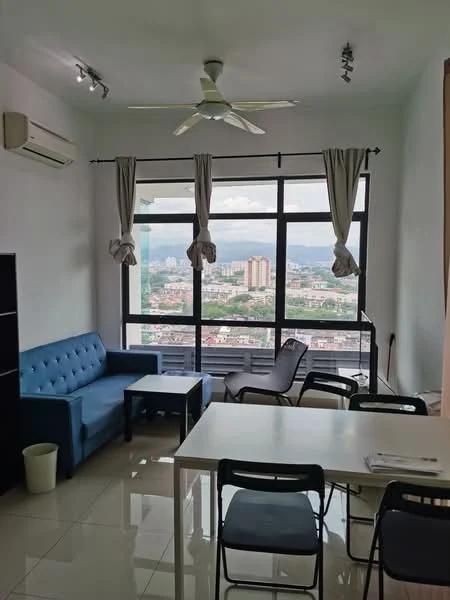 Living features: blue fabric sofa, white dining table, black dining chairs, floor-to-ceiling windows, sheer curtains, 5-blade ceiling fan with light, wall-mounted split AC, glossy tile flooring, city view; style: modern; view: city.
