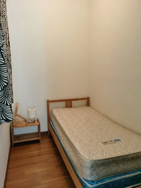 Bedroom features: single bed frame, mattress on bed frame, wooden flooring, white painted walls, black and white patterned curtains, small bedside table, lamp on bedside table; style: minimalist.
