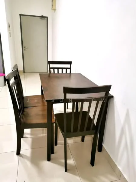 Room features: square wooden dining table, 4 wooden dining chairs, white painted walls, cream tiled flooring, doorway visible in background; style: modern.