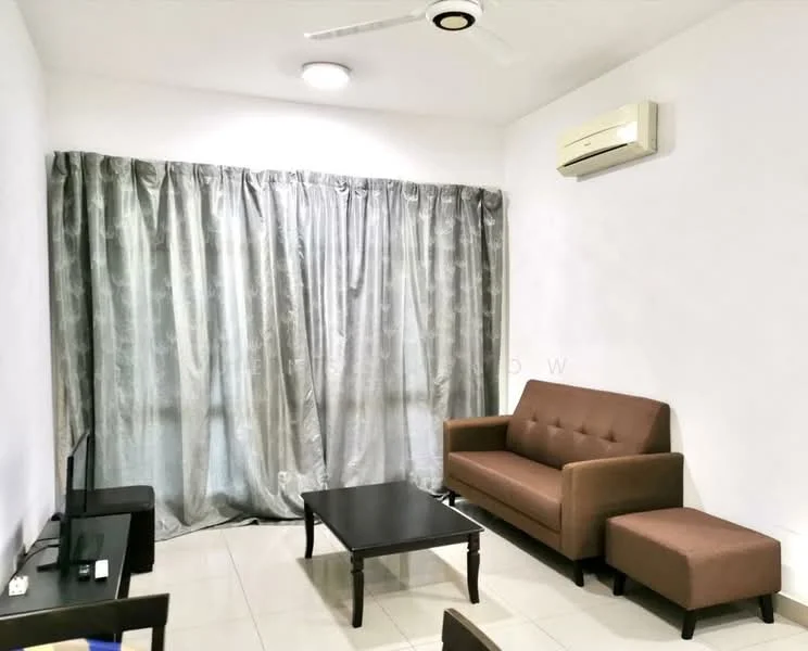 Living features: brown fabric sofa, coffee table, TV console, wall-mounted TV, floor-to-ceiling windows, grey curtains, ceiling fan, wall-mounted air conditioning unit, white painted walls, tile flooring; style: modern.