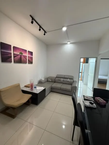 Living features: grey fabric sofa, black coffee table, wooden lounge chair, dining table with chairs, white painted walls, recessed downlights, glossy tile flooring, framed artwork on wall; style: modern.