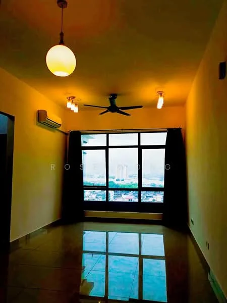 Living features: floor-to-ceiling windows, blackout curtains, 5-blade ceiling fan, 2 pendant lights, cream painted walls, glossy tile flooring, air conditioning unit, city view; style: modern; view: city.